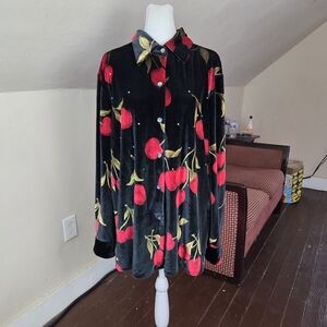 The Quacker Factory Black Velvet Cherry Print Rhinestone Button-Front Blouse L